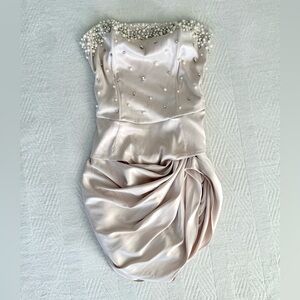 Fashion Nova Strapless Pearl Satin Dress - Cream